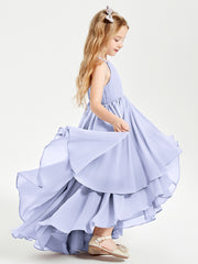 Chiffon Junior Bridesmaid Dresses Asymmetrical Cascading Skirt Lavender