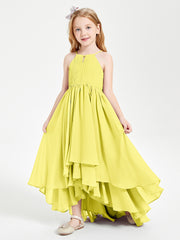 Chiffon Junior Bridesmaid Dresses Asymmetrical Cascading Skirt Lemon