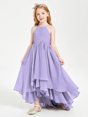 Chiffon Junior Bridesmaid Dresses Asymmetrical Cascading Skirt Lilac