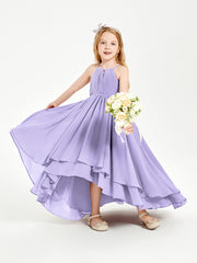 Chiffon Junior Bridesmaid Dresses Asymmetrical Cascading Skirt Lilac