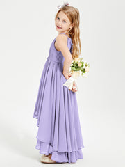 Chiffon Junior Bridesmaid Dresses Asymmetrical Cascading Skirt Lilac