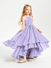 Chiffon Junior Bridesmaid Dresses Asymmetrical Cascading Skirt Lilac
