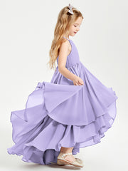 Chiffon Junior Bridesmaid Dresses Asymmetrical Cascading Skirt Lilac