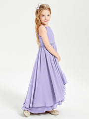 Chiffon Junior Bridesmaid Dresses Asymmetrical Cascading Skirt Lilac