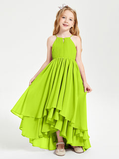 Chiffon Junior Bridesmaid Dresses Asymmetrical Cascading Skirt Lime Green