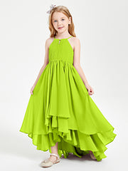 Chiffon Junior Bridesmaid Dresses Asymmetrical Cascading Skirt Lime Green