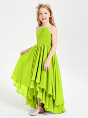 Chiffon Junior Bridesmaid Dresses Asymmetrical Cascading Skirt Lime Green