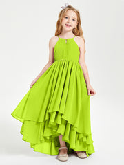 Chiffon Junior Bridesmaid Dresses Asymmetrical Cascading Skirt Lime Green