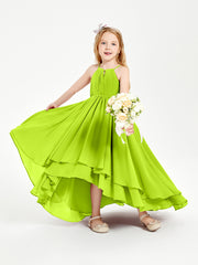 Chiffon Junior Bridesmaid Dresses Asymmetrical Cascading Skirt Lime Green