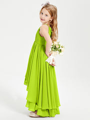 Chiffon Junior Bridesmaid Dresses Asymmetrical Cascading Skirt Lime Green