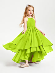 Chiffon Junior Bridesmaid Dresses Asymmetrical Cascading Skirt Lime Green
