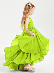 Chiffon Junior Bridesmaid Dresses Asymmetrical Cascading Skirt Lime Green