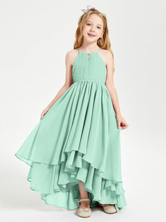 Chiffon Junior Bridesmaid Dresses Asymmetrical Cascading Skirt Mint Green