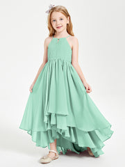 Chiffon Junior Bridesmaid Dresses Asymmetrical Cascading Skirt Mint Green