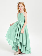 Chiffon Junior Bridesmaid Dresses Asymmetrical Cascading Skirt Mint Green