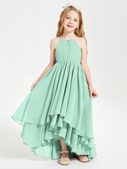 Chiffon Junior Bridesmaid Dresses Asymmetrical Cascading Skirt Mint Green