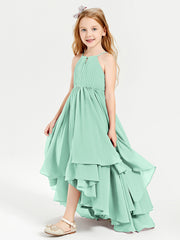 Chiffon Junior Bridesmaid Dresses Asymmetrical Cascading Skirt Mint Green