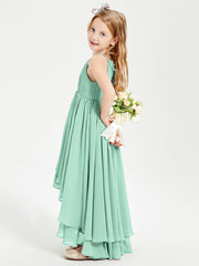 Chiffon Junior Bridesmaid Dresses Asymmetrical Cascading Skirt Mint Green