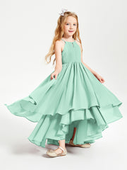 Chiffon Junior Bridesmaid Dresses Asymmetrical Cascading Skirt Mint Green