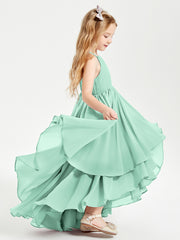 Chiffon Junior Bridesmaid Dresses Asymmetrical Cascading Skirt Mint Green
