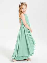 Chiffon Junior Bridesmaid Dresses Asymmetrical Cascading Skirt Mint Green
