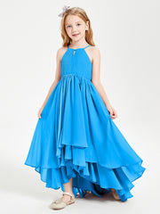 Chiffon Junior Bridesmaid Dresses Asymmetrical Cascading Skirt Ocean Blue
