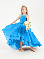 Chiffon Junior Bridesmaid Dresses Asymmetrical Cascading Skirt Ocean Blue