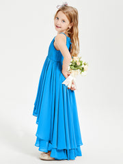 Chiffon Junior Bridesmaid Dresses Asymmetrical Cascading Skirt Ocean Blue
