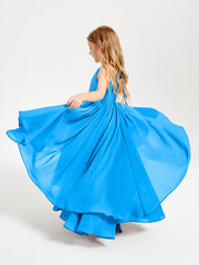 Chiffon Junior Bridesmaid Dresses Asymmetrical Cascading Skirt Ocean Blue