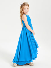 Chiffon Junior Bridesmaid Dresses Asymmetrical Cascading Skirt Ocean Blue
