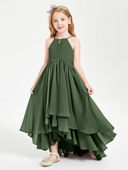 Chiffon Junior Bridesmaid Dresses Asymmetrical Cascading Skirt Olive Green