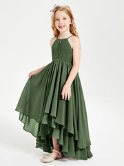 Chiffon Junior Bridesmaid Dresses Asymmetrical Cascading Skirt Olive Green