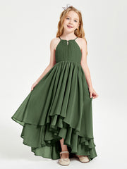 BABARONI Chiffon Olive Green Junior Bridesmaid Dresses A-line Scoop Sleeveless Bow Pleated Ruffles Asymmetrical, Olive Green / J4