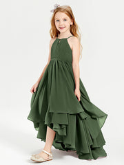 Chiffon Junior Bridesmaid Dresses Asymmetrical Cascading Skirt Olive Green