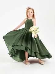 Chiffon Junior Bridesmaid Dresses Asymmetrical Cascading Skirt Olive Green