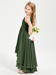 Chiffon Junior Bridesmaid Dresses Asymmetrical Cascading Skirt Olive Green