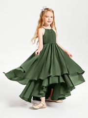 Chiffon Junior Bridesmaid Dresses Asymmetrical Cascading Skirt Olive Green