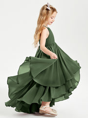 Chiffon Junior Bridesmaid Dresses Asymmetrical Cascading Skirt Olive Green