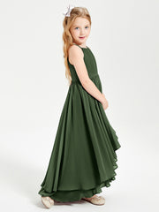 Chiffon Junior Bridesmaid Dresses Asymmetrical Cascading Skirt Olive Green