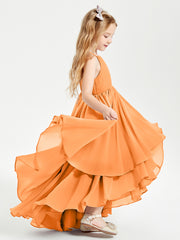Chiffon Junior Bridesmaid Dresses Asymmetrical Cascading Skirt Orange