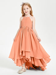 Chiffon Junior Bridesmaid Dresses Asymmetrical Cascading Skirt Papaya