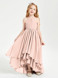 Chiffon Junior Bridesmaid Dresses Asymmetrical Cascading Skirt Pearl Pink