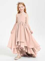 Chiffon Junior Bridesmaid Dresses Asymmetrical Cascading Skirt Pearl Pink