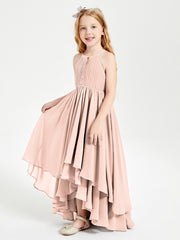 Chiffon Junior Bridesmaid Dresses Asymmetrical Cascading Skirt Pearl Pink