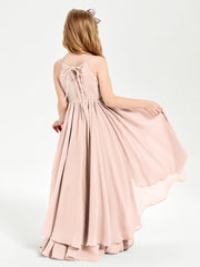 Chiffon Junior Bridesmaid Dresses Asymmetrical Cascading Skirt Pearl Pink