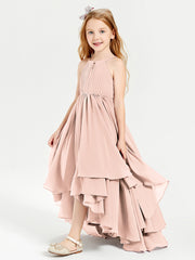 Chiffon Junior Bridesmaid Dresses Asymmetrical Cascading Skirt Pearl Pink