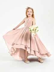Chiffon Junior Bridesmaid Dresses Asymmetrical Cascading Skirt Pearl Pink