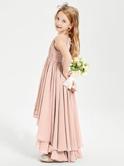 Chiffon Junior Bridesmaid Dresses Asymmetrical Cascading Skirt Pearl Pink
