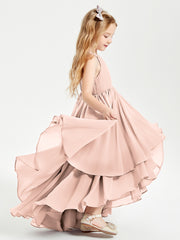 Chiffon Junior Bridesmaid Dresses Asymmetrical Cascading Skirt Pearl Pink