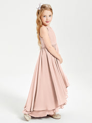 Chiffon Junior Bridesmaid Dresses Asymmetrical Cascading Skirt Pearl Pink